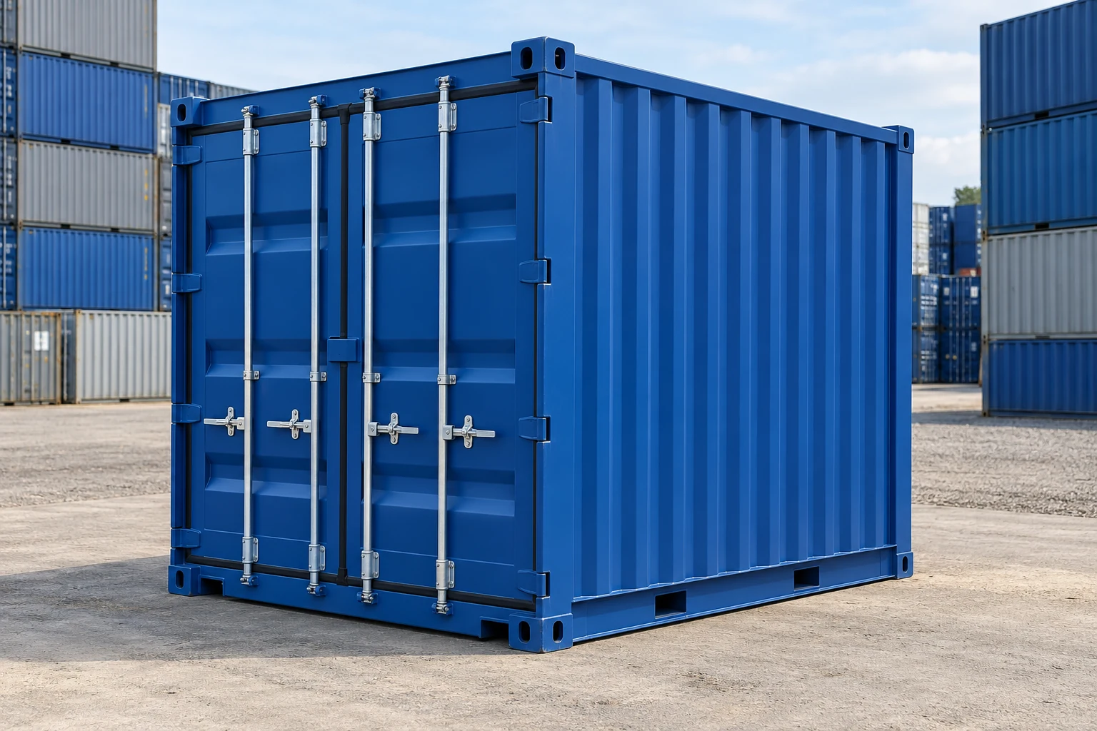 KI-Bildbeispiel: 10-Fuß-Lagercontainer, Neu, auf einem Containerhof