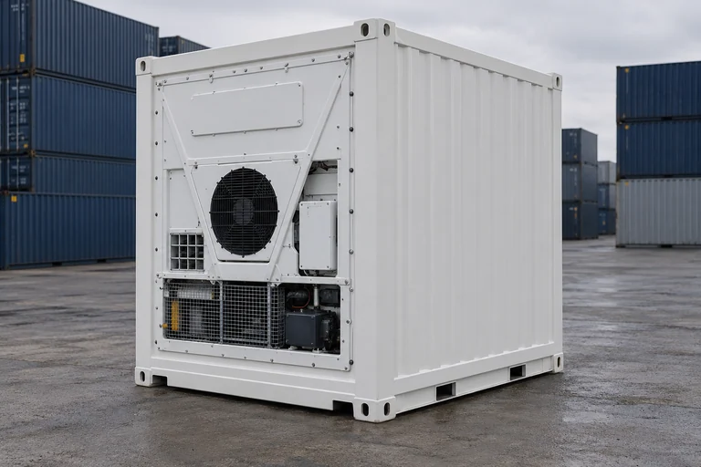 KI-Bildbeispiel: 10-Fuß-High-Cube-Kühlcontainer, Neu, auf einem Containerhof