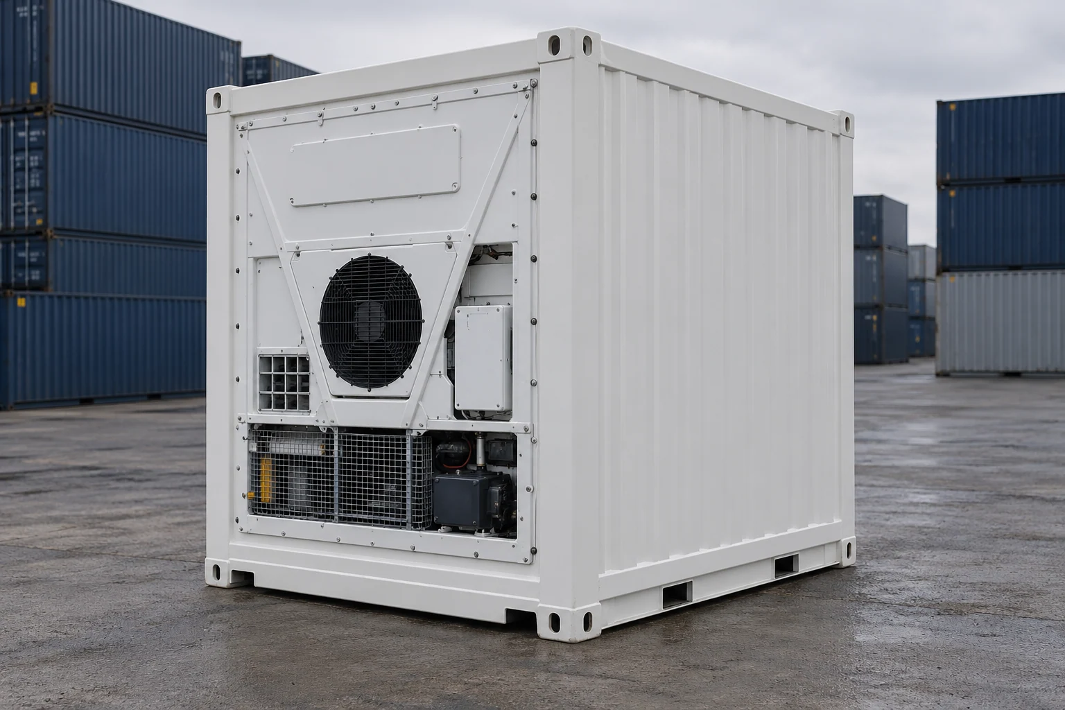 KI-Bildbeispiel: 10-Fuß-High-Cube-Kühlcontainer, Neu, auf einem Containerhof