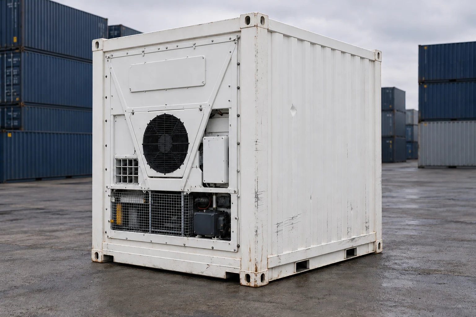 KI-Bildbeispiel: 10-Fuß-High-Cube-Kühlcontainer, Gebraucht – leichte Spuren, auf einem Containerhof