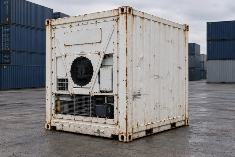 KI-Bildbeispiel: 10-Fuß-High-Cube-Kühlcontainer, Gebraucht – sichtbare Spuren, auf einem Containerhof