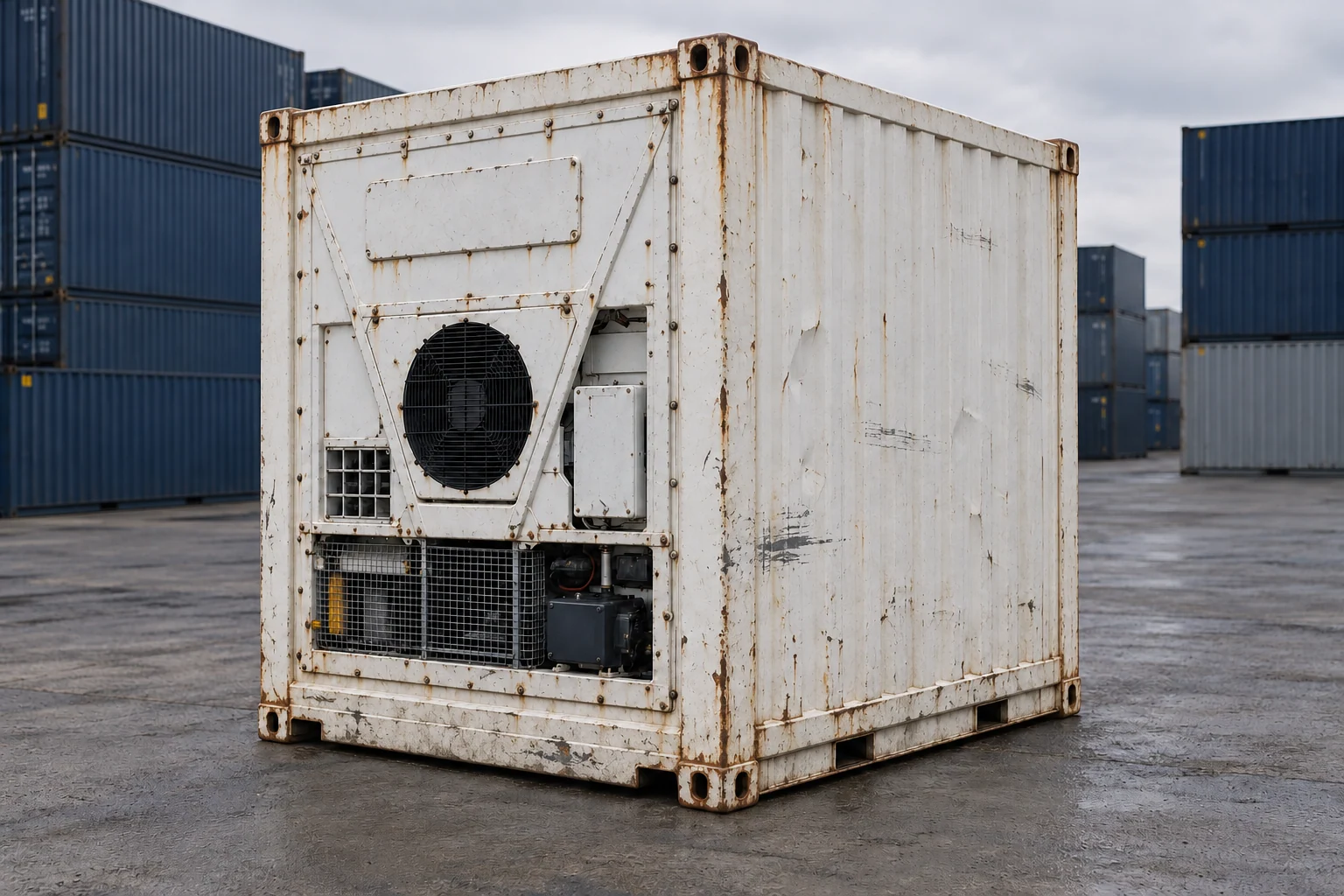 KI-Bildbeispiel: 10-Fuß-High-Cube-Kühlcontainer, Gebraucht – sichtbare Spuren, auf einem Containerhof