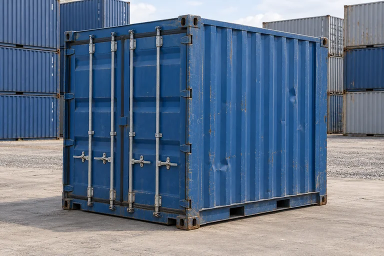 KI-Bildbeispiel: kurzer 10-Fuß-Lagercontainer, Gebraucht – leichte Spuren, auf einem Containerhof