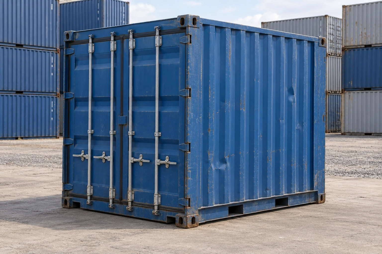 KI-Bildbeispiel: 10-Fuß-Lagercontainer, Gebraucht – leichte Spuren, auf einem Containerhof
