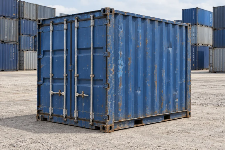 KI-Bildbeispiel: kurzer 10-Fuß-Lagercontainer, Gebraucht – sichtbare Spuren, auf einem Containerhof