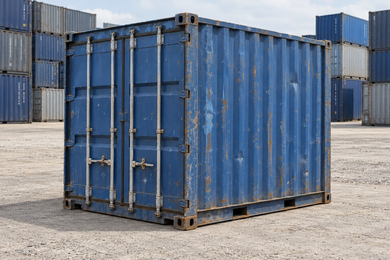 KI-Bildbeispiel: 10-Fuß-Lagercontainer, Gebraucht – sichtbare Spuren, auf einem Containerhof