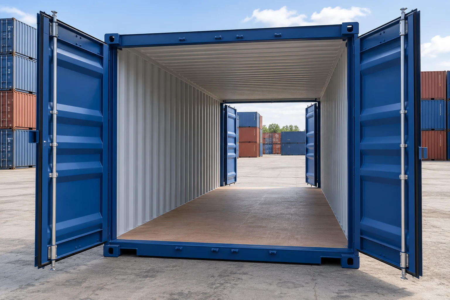 KI-Bildbeispiel: 20-Fuß-Double-Door-Container, Neu, auf einem Containerhof