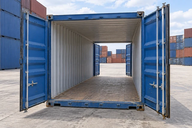 KI-Bildbeispiel: 20-Fuß-Double-Door-Container mit geöffneten Türen an beiden Stirnseiten, Gebraucht – leichte Spuren, auf einem Containerhof