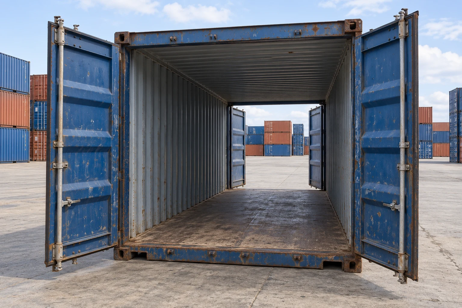 KI-Bildbeispiel: 20-Fuß-Double-Door-Container, Gebraucht – sichtbare Spuren, auf einem Containerhof