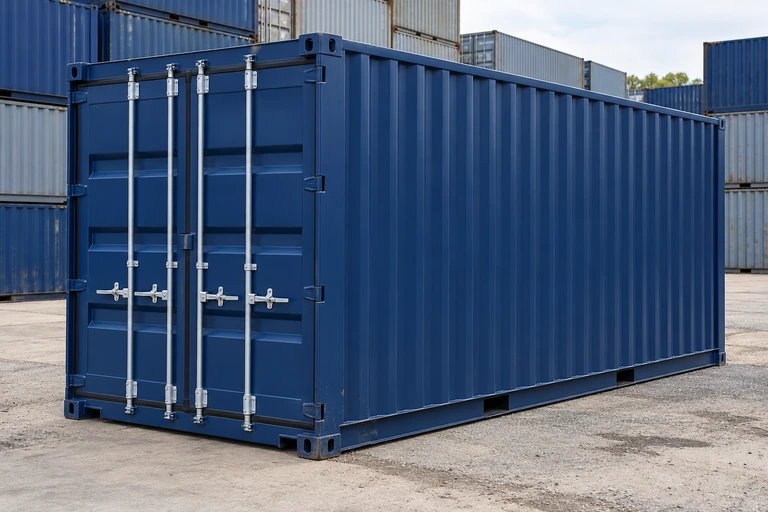 Blauer 20-Fuß-Standardcontainer mit wenig sichtbaren Gebrauchsspuren im Depot