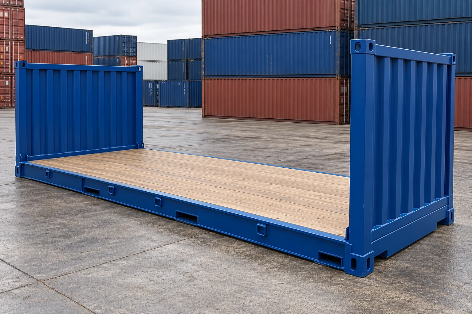 KI-Bildbeispiel: 20-Fuß-Flat-Rack-Container, Neu, auf einem Containerhof