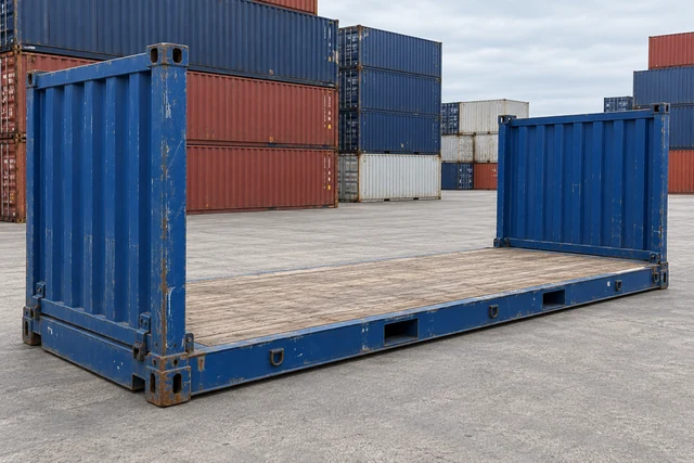 KI-Bildbeispiel: 20-Fuß-Flat-Rack-Container mit aufgestellten Stirnwänden, Gebraucht – leichte Spuren, auf einem Containerhof