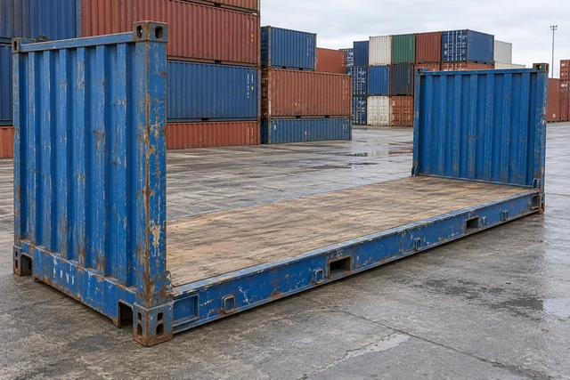 KI-Bildbeispiel: 20-Fuß-Flat-Rack-Container mit aufgestellten Stirnwänden, Gebraucht – sichtbare Spuren, auf einem Containerhof