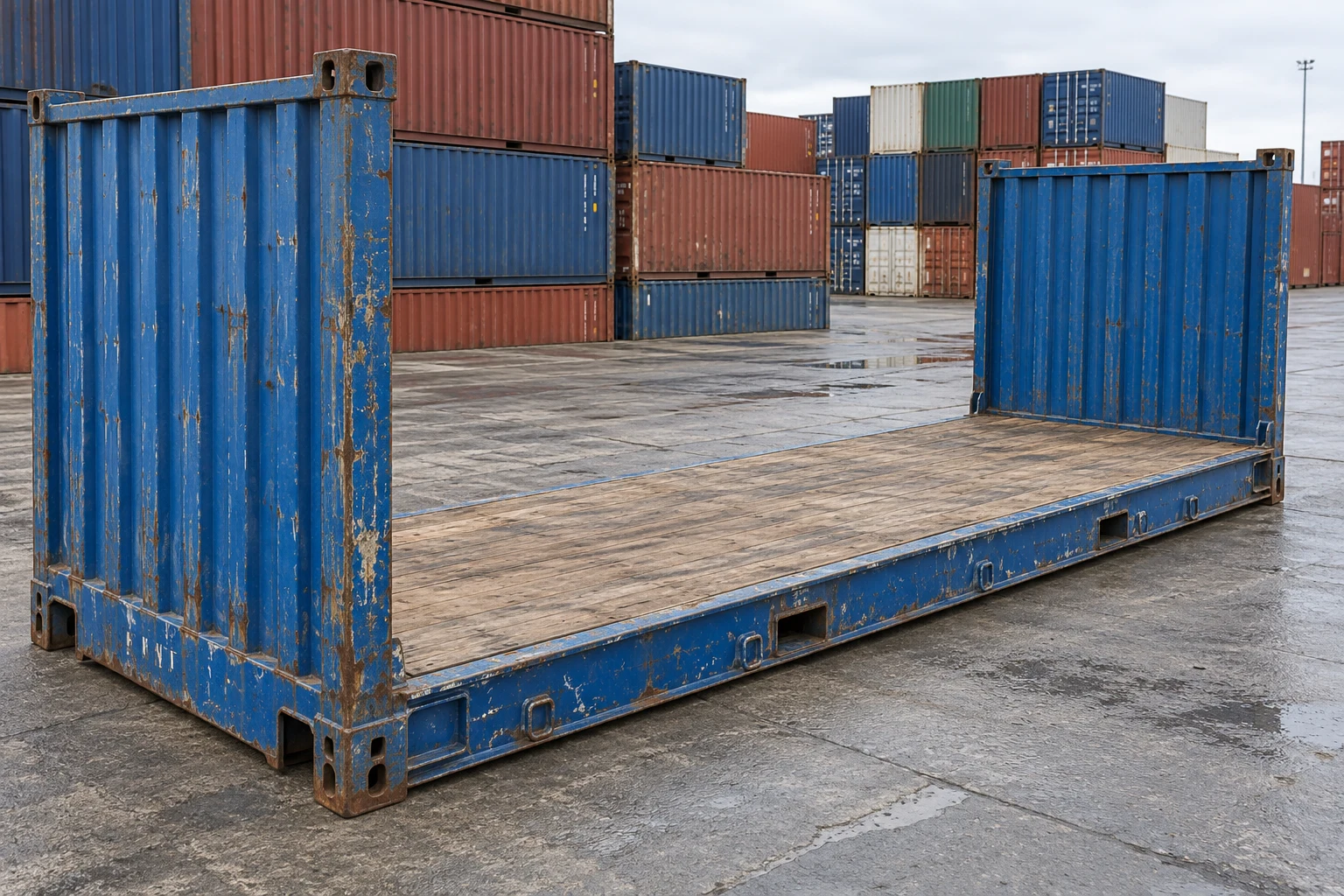 KI-Bildbeispiel: 20-Fuß-Flat-Rack-Container, Gebraucht – sichtbare Spuren, auf einem Containerhof