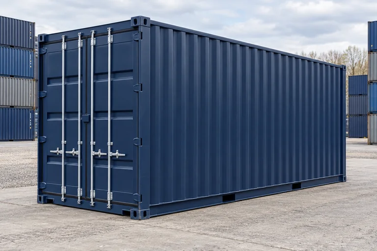 KI-Bildbeispiel: 20-Fuß-High-Cube-Container, Neu, auf einem Containerhof