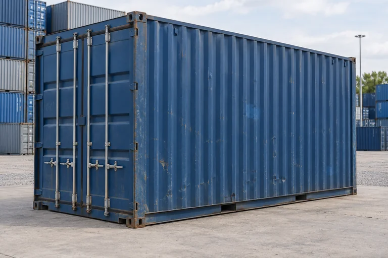 KI-Bildbeispiel: 20-Fuß-High-Cube-Container, Gebraucht – leichte Spuren, auf einem Containerhof