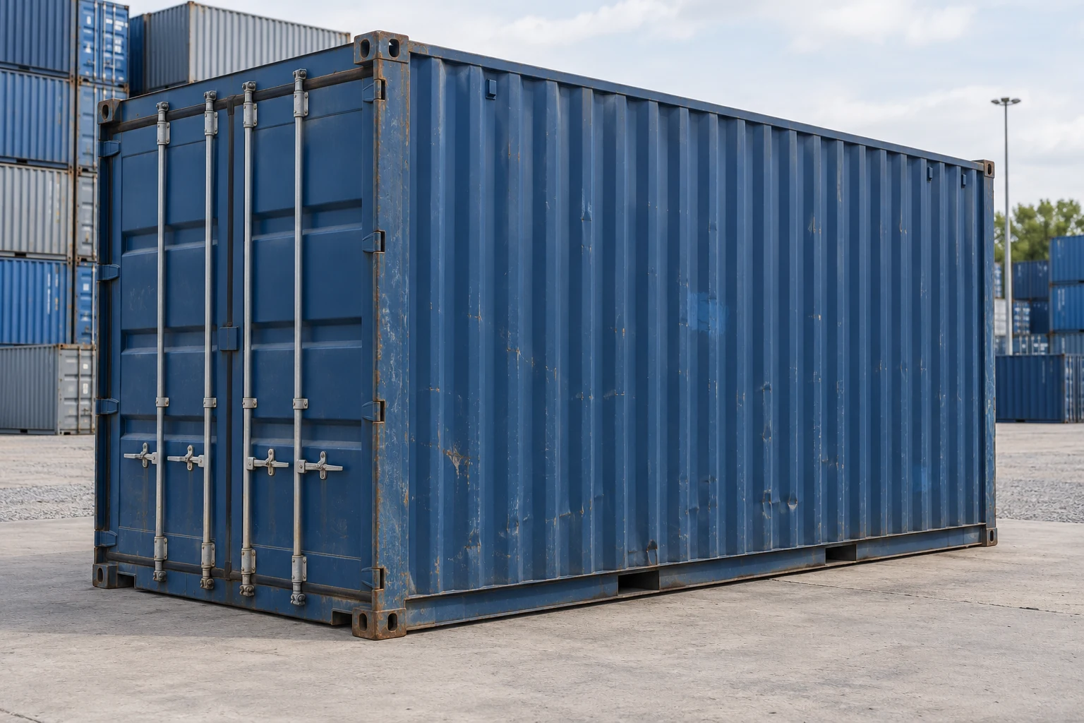KI-Bildbeispiel: 20-Fuß-High-Cube-Container, Gebraucht – leichte Spuren, auf einem Containerhof