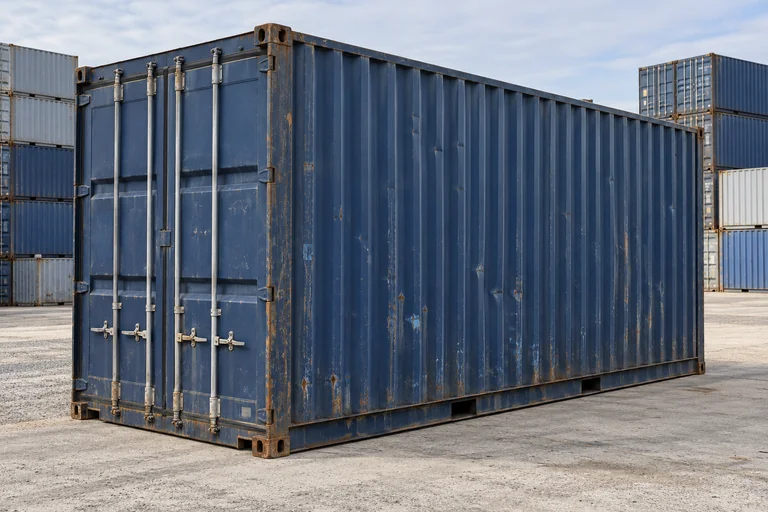 KI-Bildbeispiel: 20-Fuß-High-Cube-Container, Gebraucht – sichtbare Spuren, auf einem Containerhof