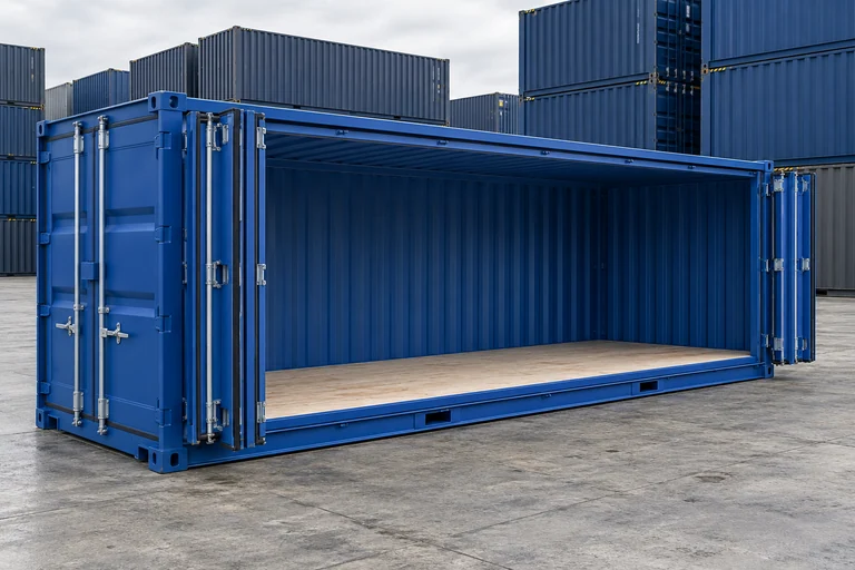 KI-Bildbeispiel: 20-Fuß-Open-Side-Container, Neu, auf einem Containerhof