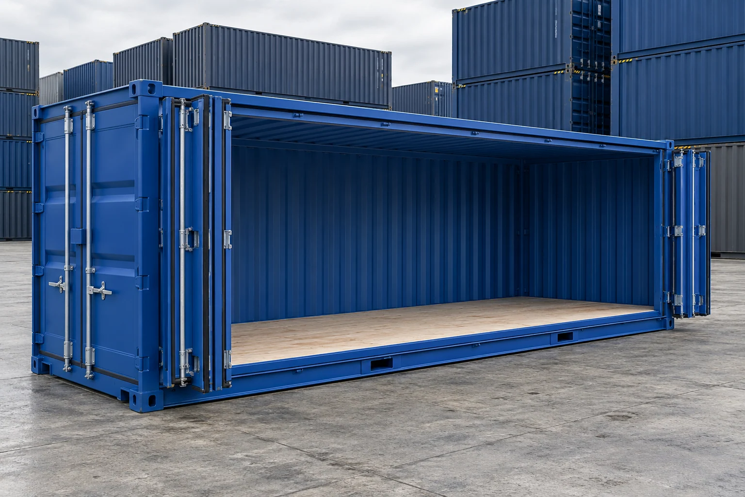 KI-Bildbeispiel: 20-Fuß-Open-Side-Container, Neu, auf einem Containerhof