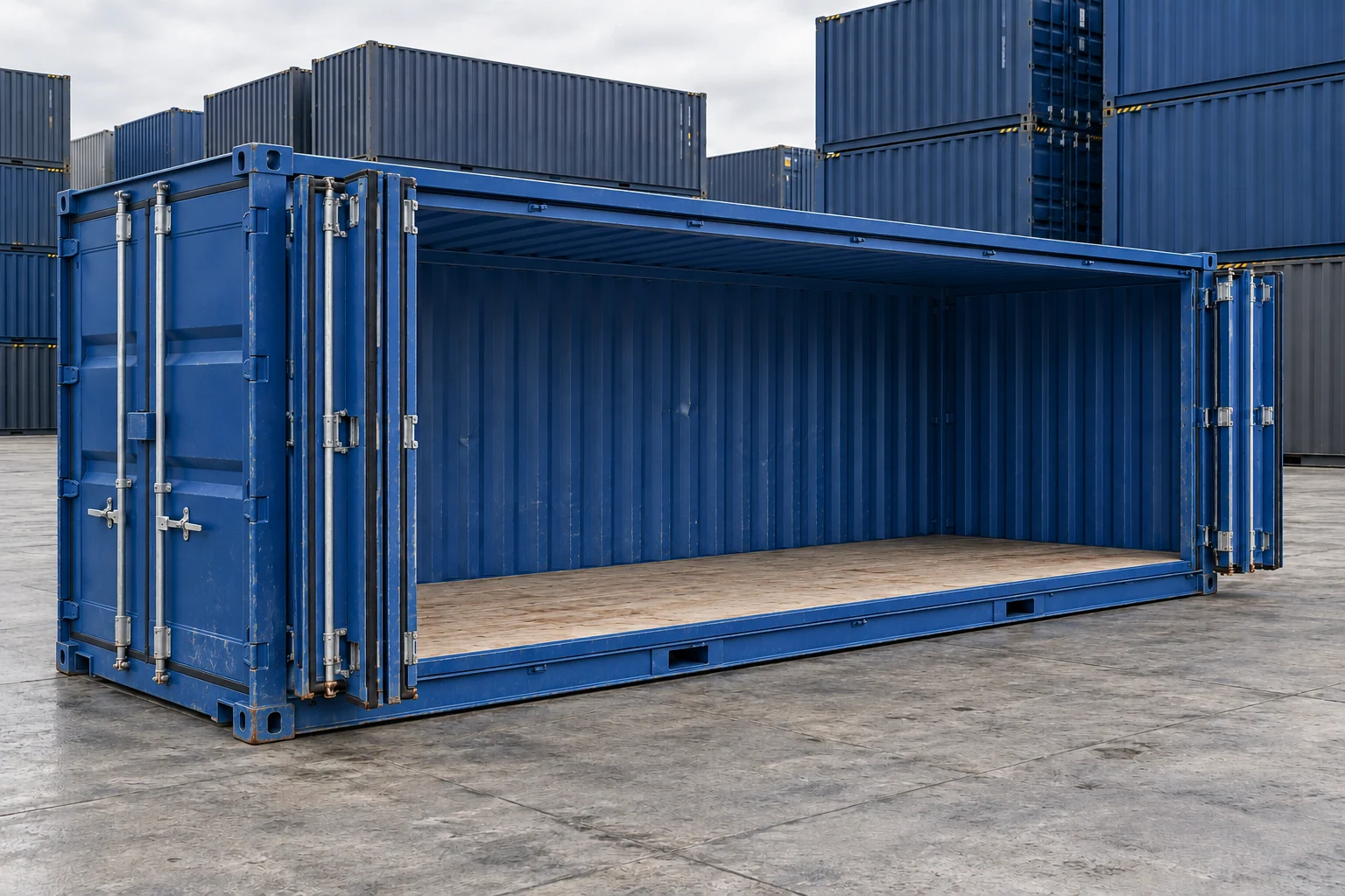 KI-Bildbeispiel: 20-Fuß-Open-Side-Container, Gebraucht – leichte Spuren, auf einem Containerhof