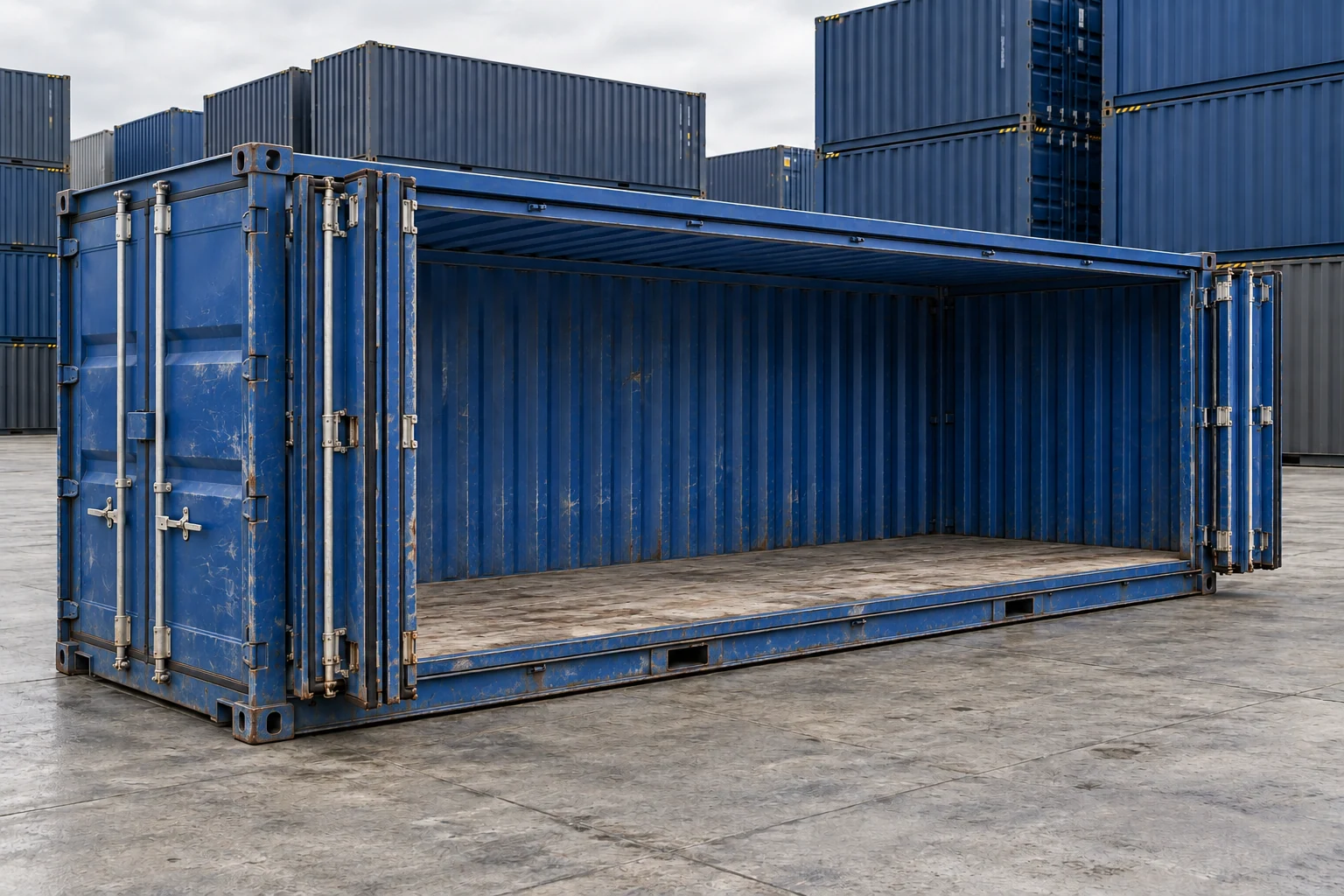 KI-Bildbeispiel: 20-Fuß-Open-Side-Container, Gebraucht – sichtbare Spuren, auf einem Containerhof