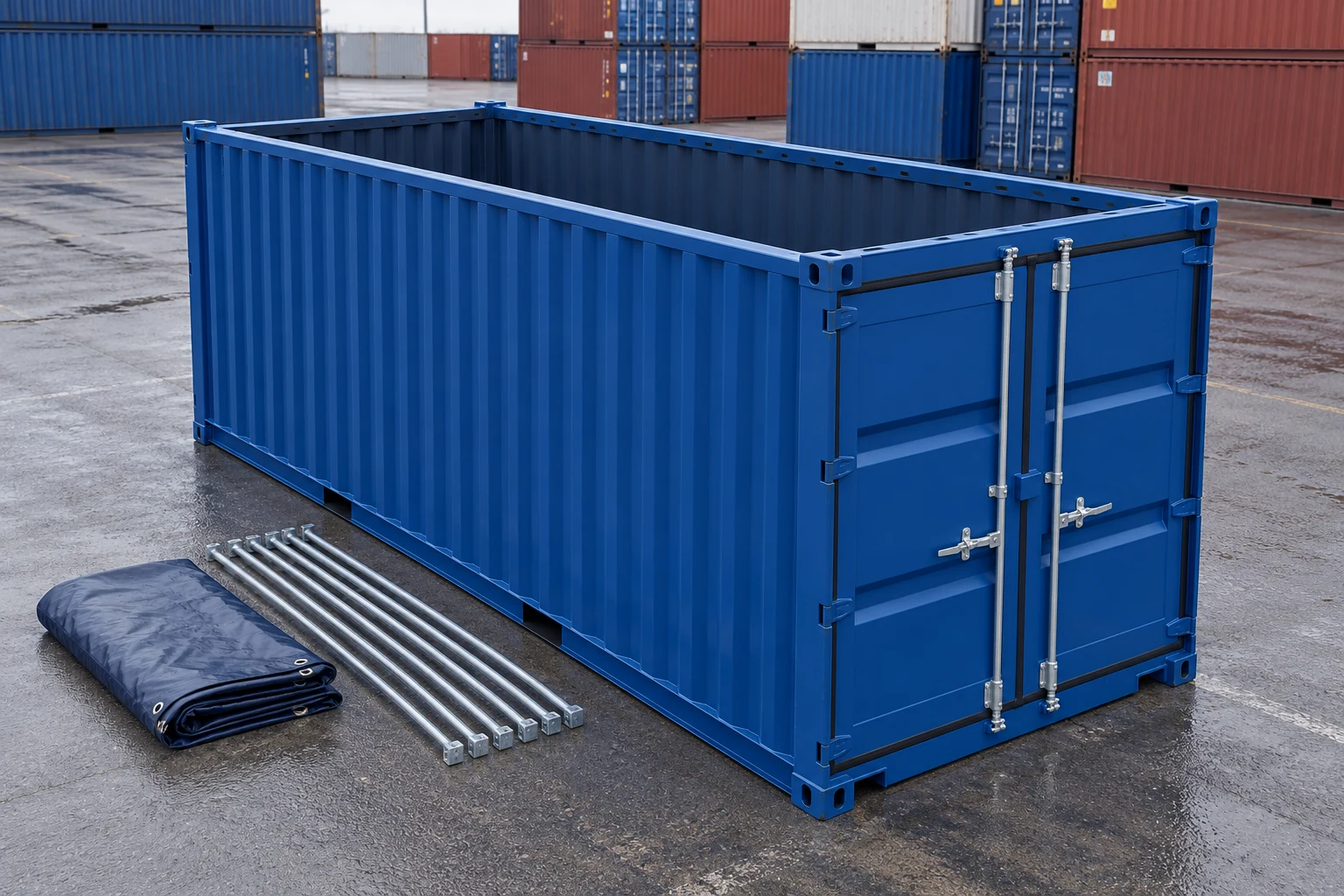 KI-Bildbeispiel: 20-Fuß-Open-Top-Container, Neu, auf einem Containerhof