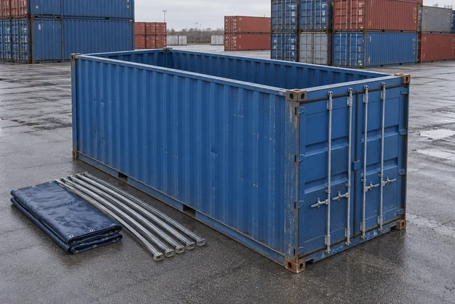 KI-Bildbeispiel: 20-Fuß-Open-Top-Container, Gebraucht – leichte Spuren, auf einem Containerhof