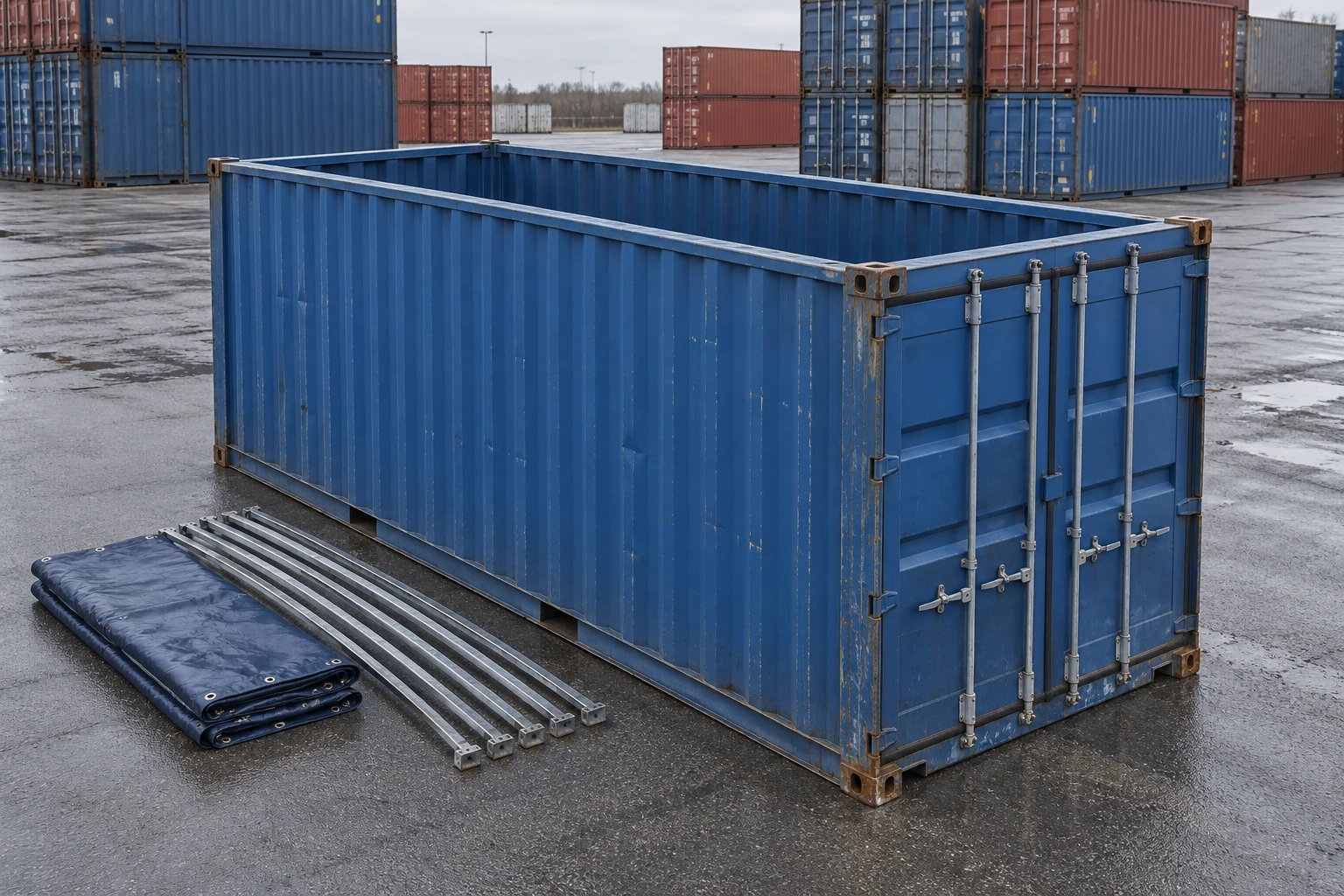 KI-Bildbeispiel: 20-Fuß-Open-Top-Container, Gebraucht – leichte Spuren, auf einem Containerhof