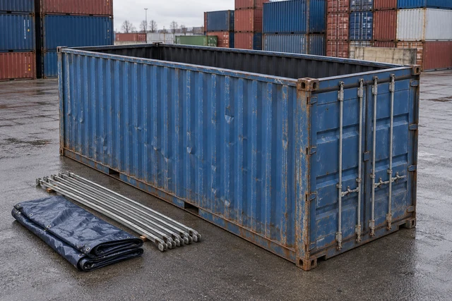 KI-Bildbeispiel: 20-Fuß-Open-Top-Container, Gebraucht – sichtbare Spuren, auf einem Containerhof