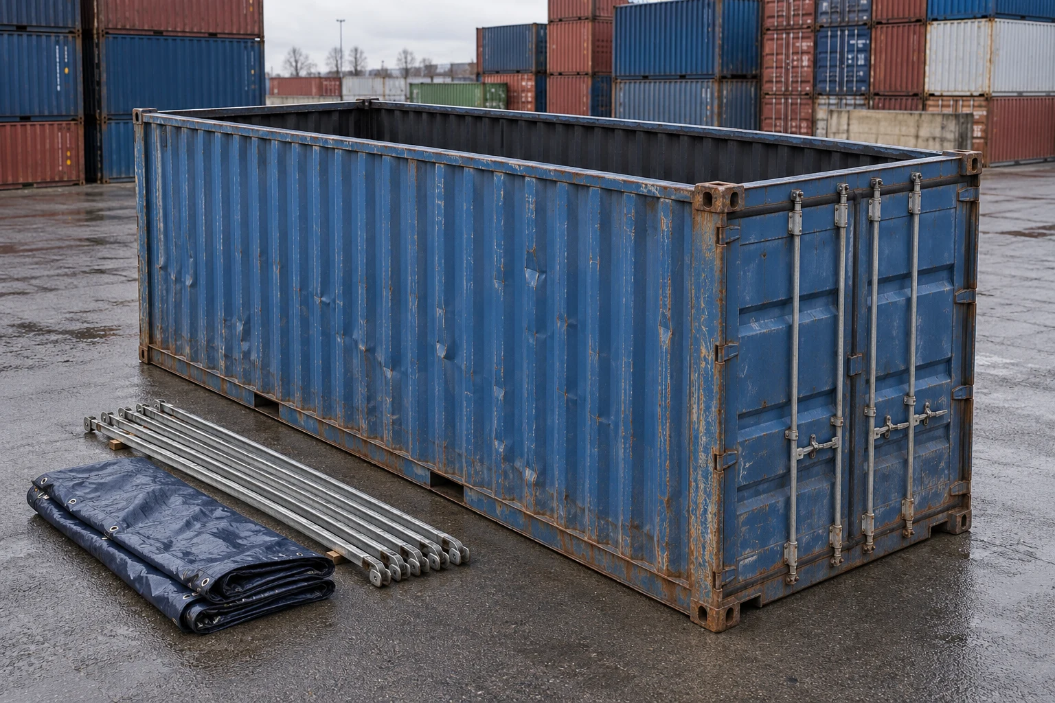 KI-Bildbeispiel: 20-Fuß-Open-Top-Container, Gebraucht – sichtbare Spuren, auf einem Containerhof