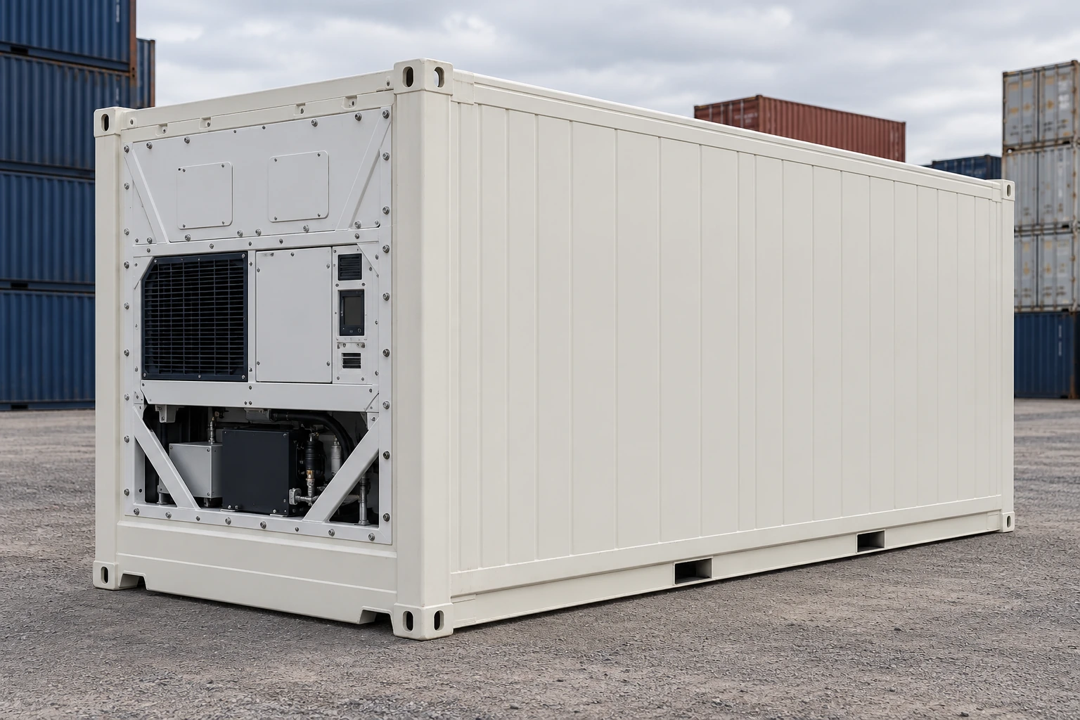 KI-Bildbeispiel: 20-Fuß-Kühlcontainer, Neu, auf einem Containerhof