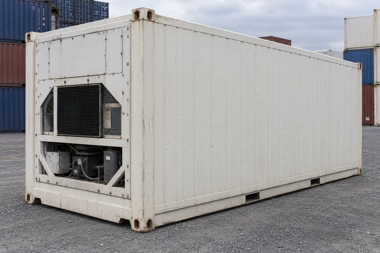KI-Bildbeispiel: 20-Fuß-Kühlcontainer, Gebraucht – leichte Spuren, auf einem Containerhof