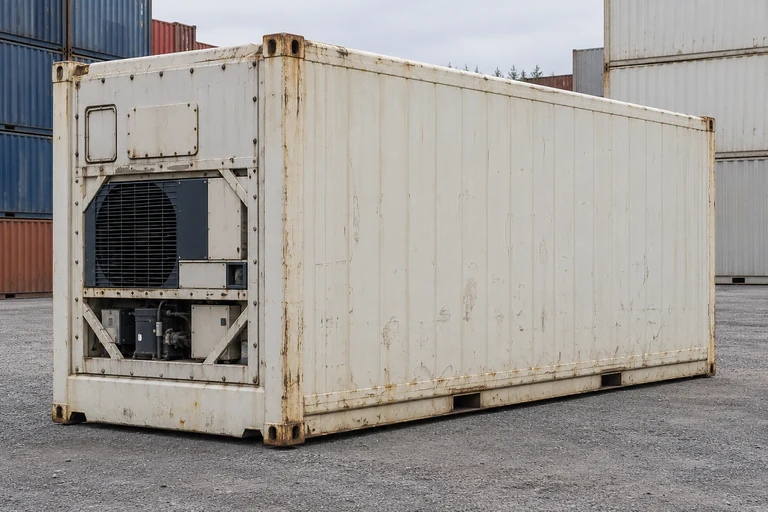 KI-Bildbeispiel: 20-Fuß-Kühlcontainer, Gebraucht – sichtbare Spuren, auf einem Containerhof