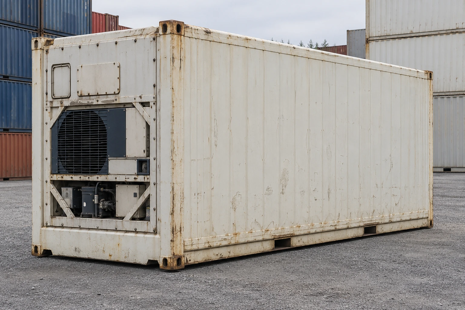 KI-Bildbeispiel: 20-Fuß-Kühlcontainer, Gebraucht – sichtbare Spuren, auf einem Containerhof