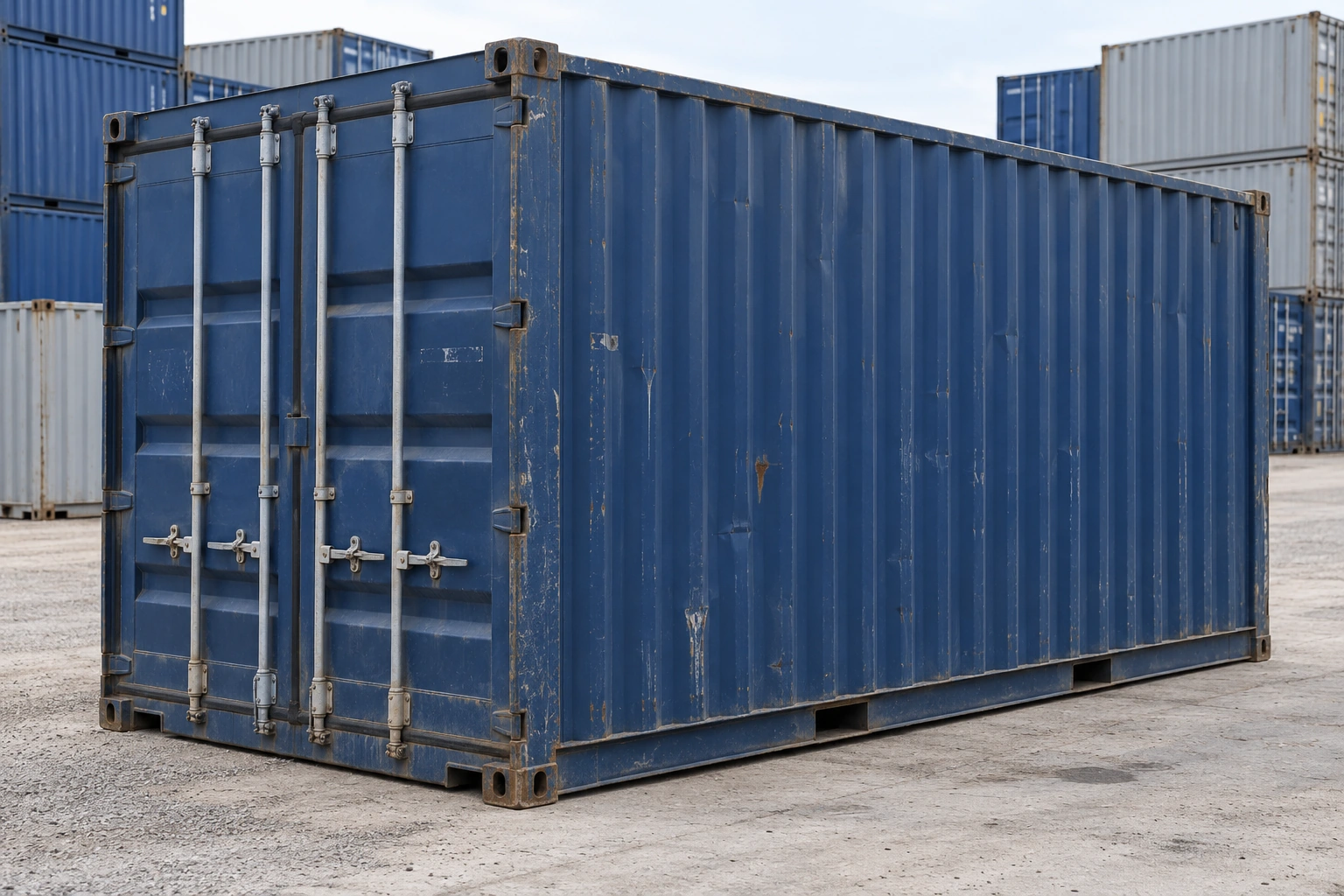 KI-Bildbeispiel: Gebrauchter blauer 20-Fuß-Standardcontainer mit Kratzern und kleinen Dellen im Depot