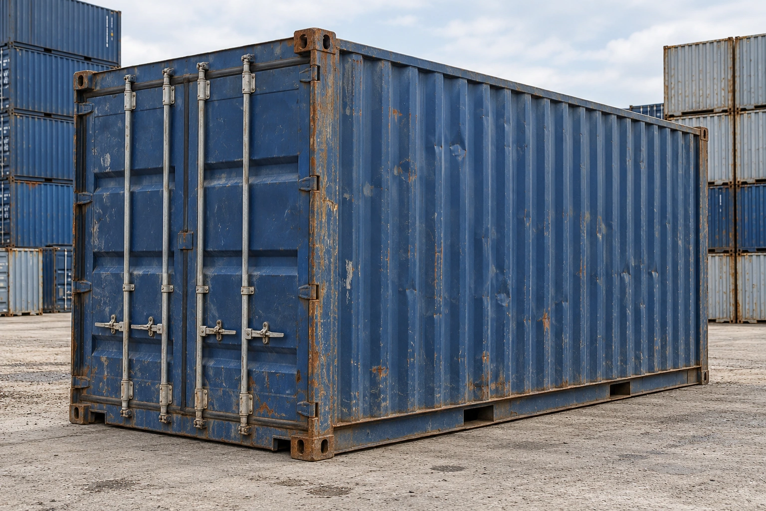 KI-Bildbeispiel: Blauer 20-Fuß-Standardcontainer mit verblasster Lackierung, Dellen und Rostspuren im Depot