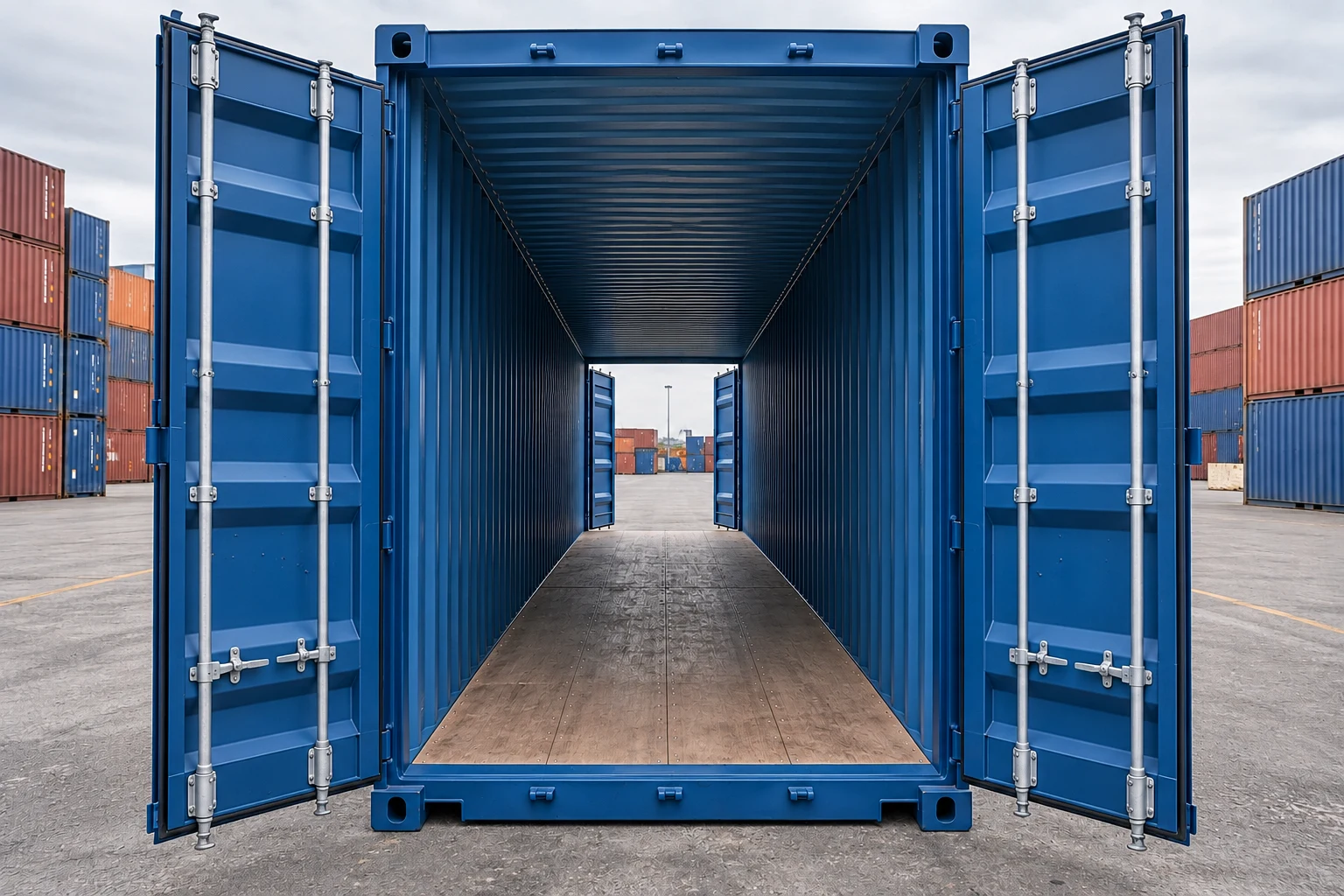 KI-Bildbeispiel: 40-Fuß-High-Cube-Double-Door-Container, Neu, auf einem Containerhof