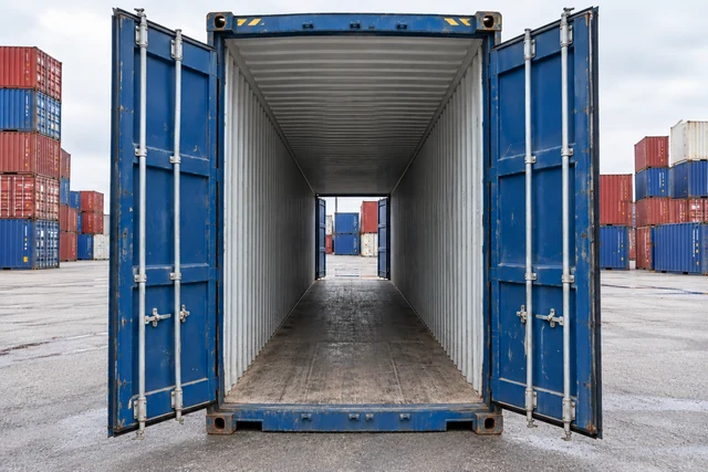 KI-Bildbeispiel: 40-Fuß-High-Cube-Double-Door-Container mit geöffneten Türen an beiden Stirnseiten, Gebraucht – leichte Spuren, auf einem Containerhof
