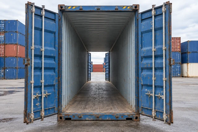 KI-Bildbeispiel: 40-Fuß-High-Cube-Double-Door-Container mit geöffneten Türen an beiden Stirnseiten, Gebraucht – sichtbare Spuren, auf einem Containerhof