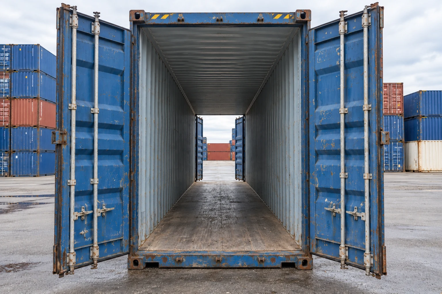 KI-Bildbeispiel: 40-Fuß-High-Cube-Double-Door-Container, Gebraucht – sichtbare Spuren, auf einem Containerhof