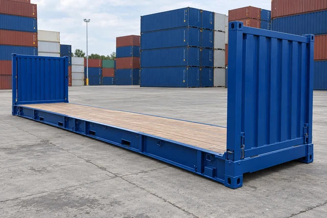 KI-Bildbeispiel: 40-Fuß-High-Cube-Flat-Rack mit aufgestellten Stirnwänden, Neu, auf einem Containerhof