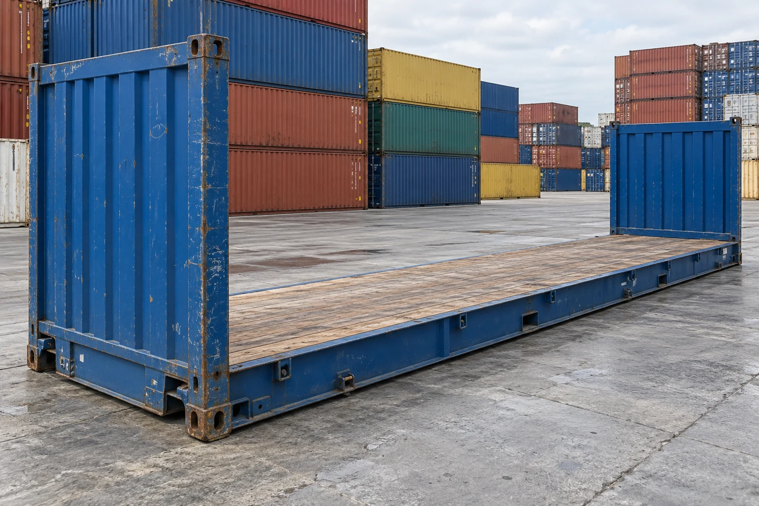 KI-Bildbeispiel: 40-Fuß-High-Cube-Flat-Rack, Gebraucht – leichte Spuren, auf einem Containerhof
