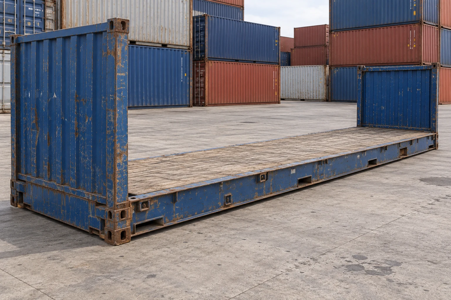 KI-Bildbeispiel: 40-Fuß-High-Cube-Flat-Rack, Gebraucht – sichtbare Spuren, auf einem Containerhof