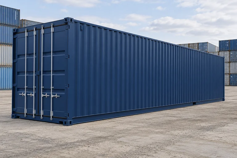 KI-Bildbeispiel: 40-Fuß-High-Cube-Container, Neu, auf einem Containerhof