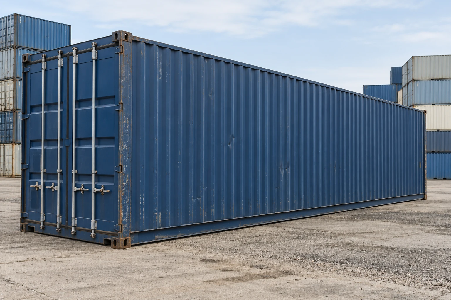 KI-Bildbeispiel: 40-Fuß-High-Cube-Container, Gebraucht – leichte Spuren, auf einem Containerhof