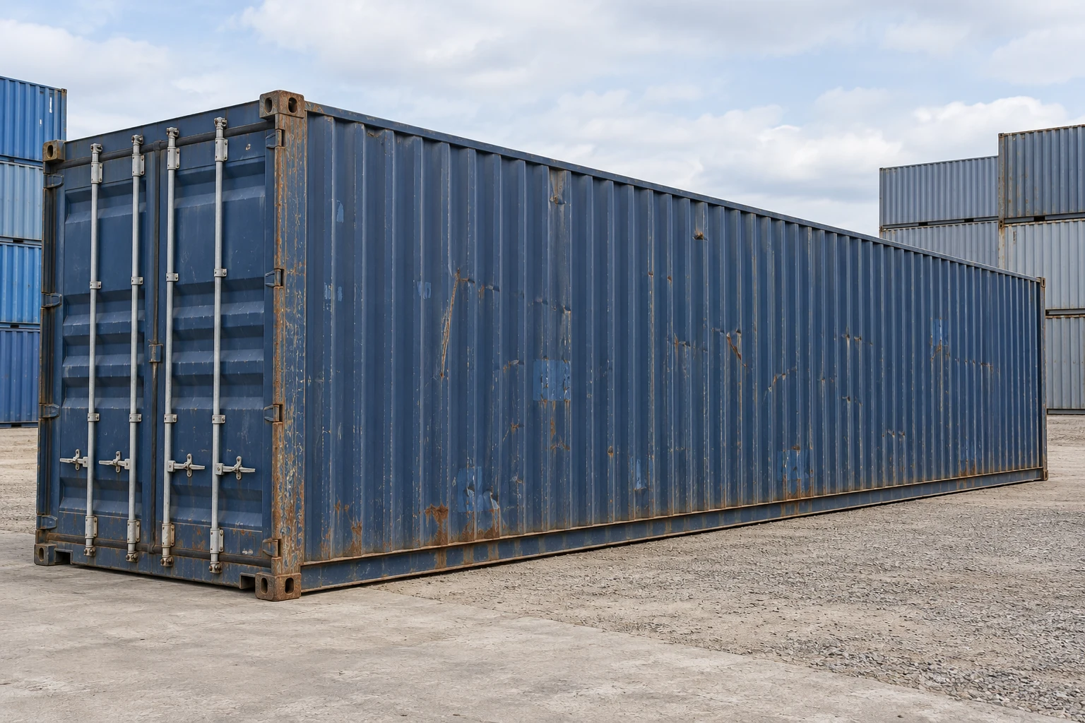 KI-Bildbeispiel: 40-Fuß-High-Cube-Container, Gebraucht – sichtbare Spuren, auf einem Containerhof