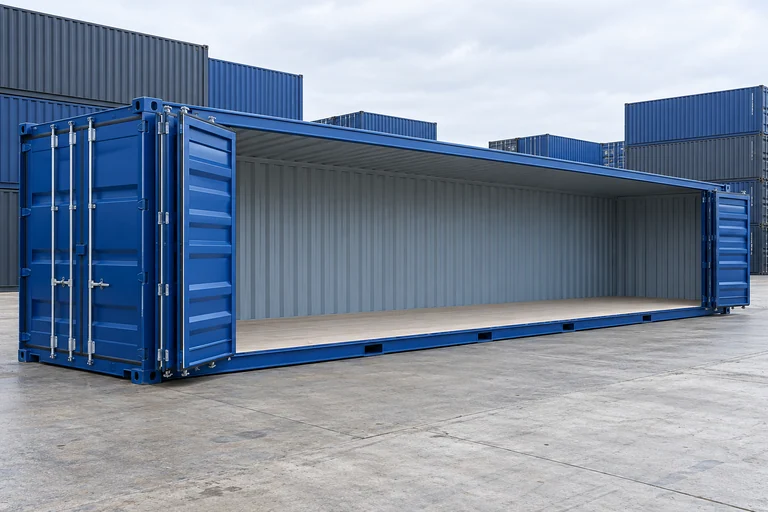 KI-Bildbeispiel: 40-Fuß-High-Cube-Open-Side-Container, Neu, auf einem Containerhof