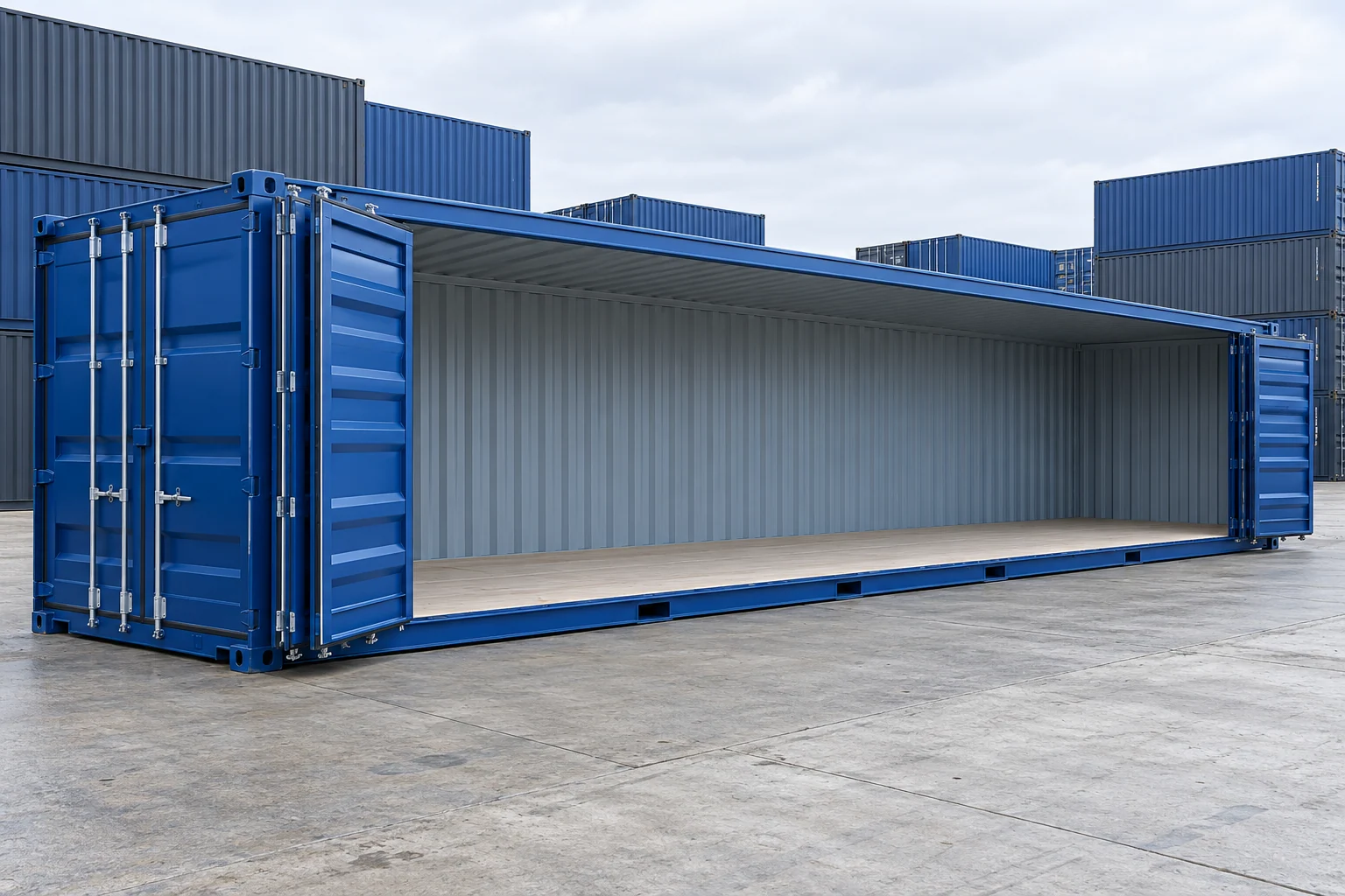 KI-Bildbeispiel: 40-Fuß-High-Cube-Open-Side-Container, Neu, auf einem Containerhof