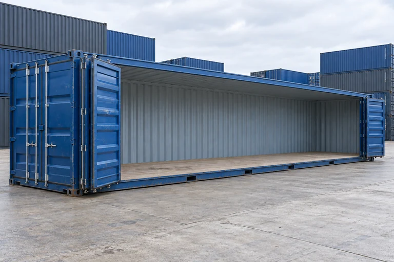 KI-Bildbeispiel: 40-Fuß-High-Cube-Open-Side-Container, Gebraucht – leichte Spuren, auf einem Containerhof